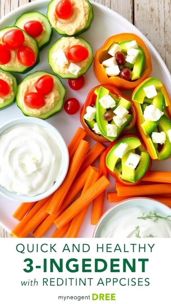 A variety of healthy 3-ingredient appetizers on a platter, including cucumber slices with hummus, bell pepper strips with avocado, and carrot sticks with yogurt dip.